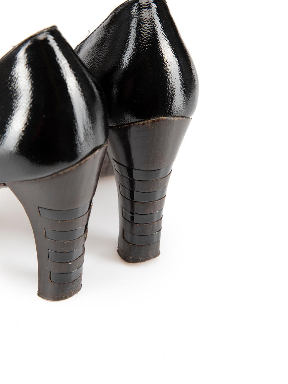 Salvatore Ferragamo Black Patent Leather Wooden Heel Pumps Size US 8 For Sale 1