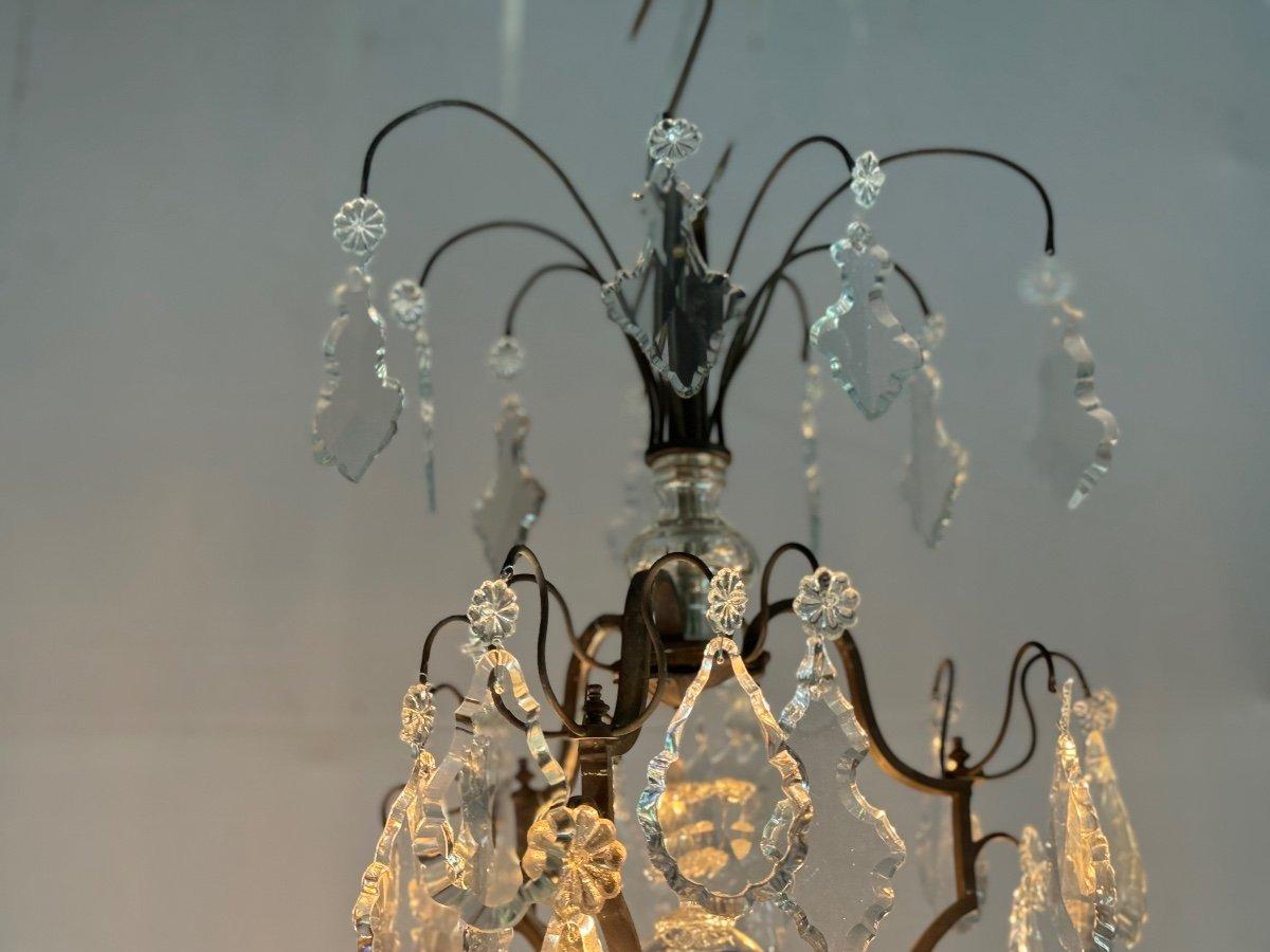 Italiano Lampadario a gabbia in bronzo patinato nero con pendenti in cristallo tagliato CIRCA 19 in vendita
