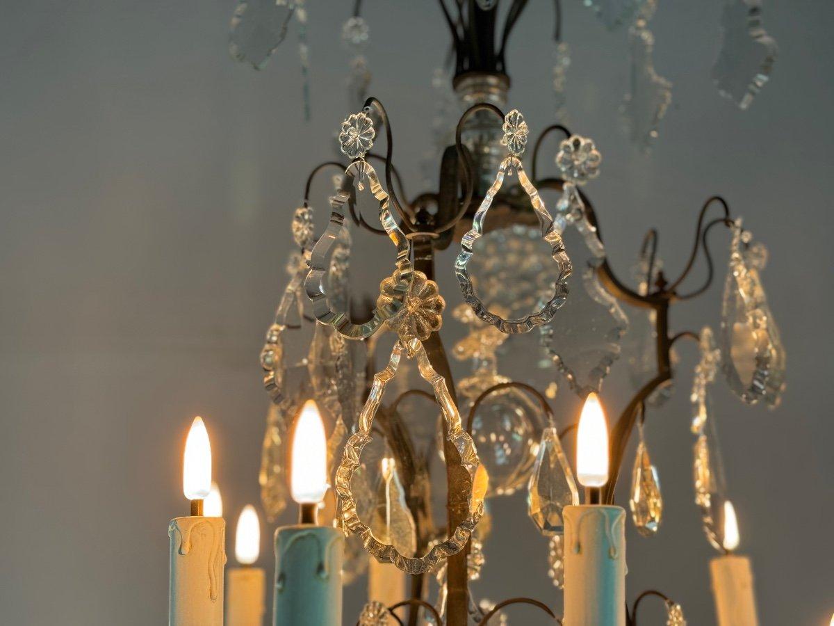 XX secolo Lampadario a gabbia in bronzo patinato nero con pendenti in cristallo tagliato CIRCA 19 in vendita