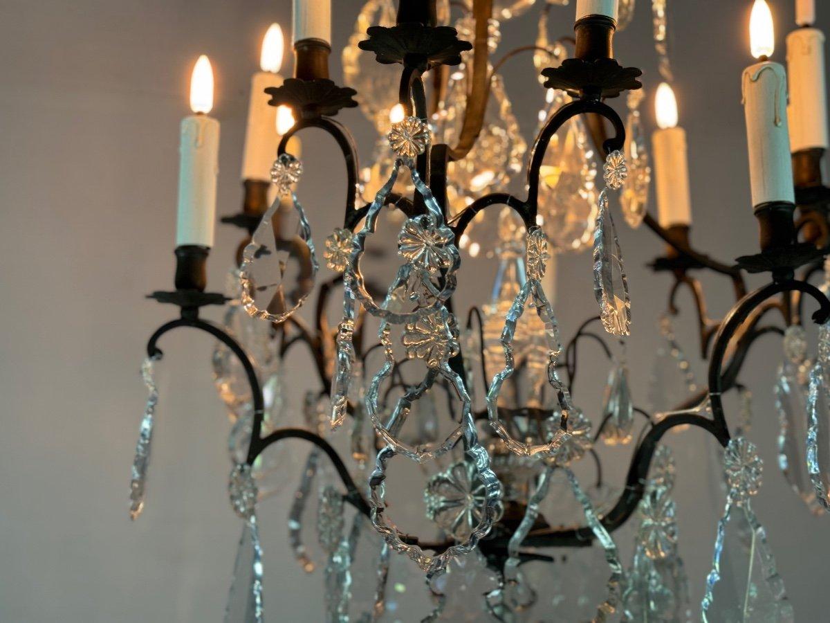 Lampadario a gabbia in bronzo patinato nero con pendenti in cristallo tagliato CIRCA 19 in vendita 3