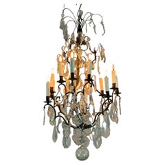 Black Patina Bronze Cage Chandelier Festooned With Cut Crystal Pendants Circa 19