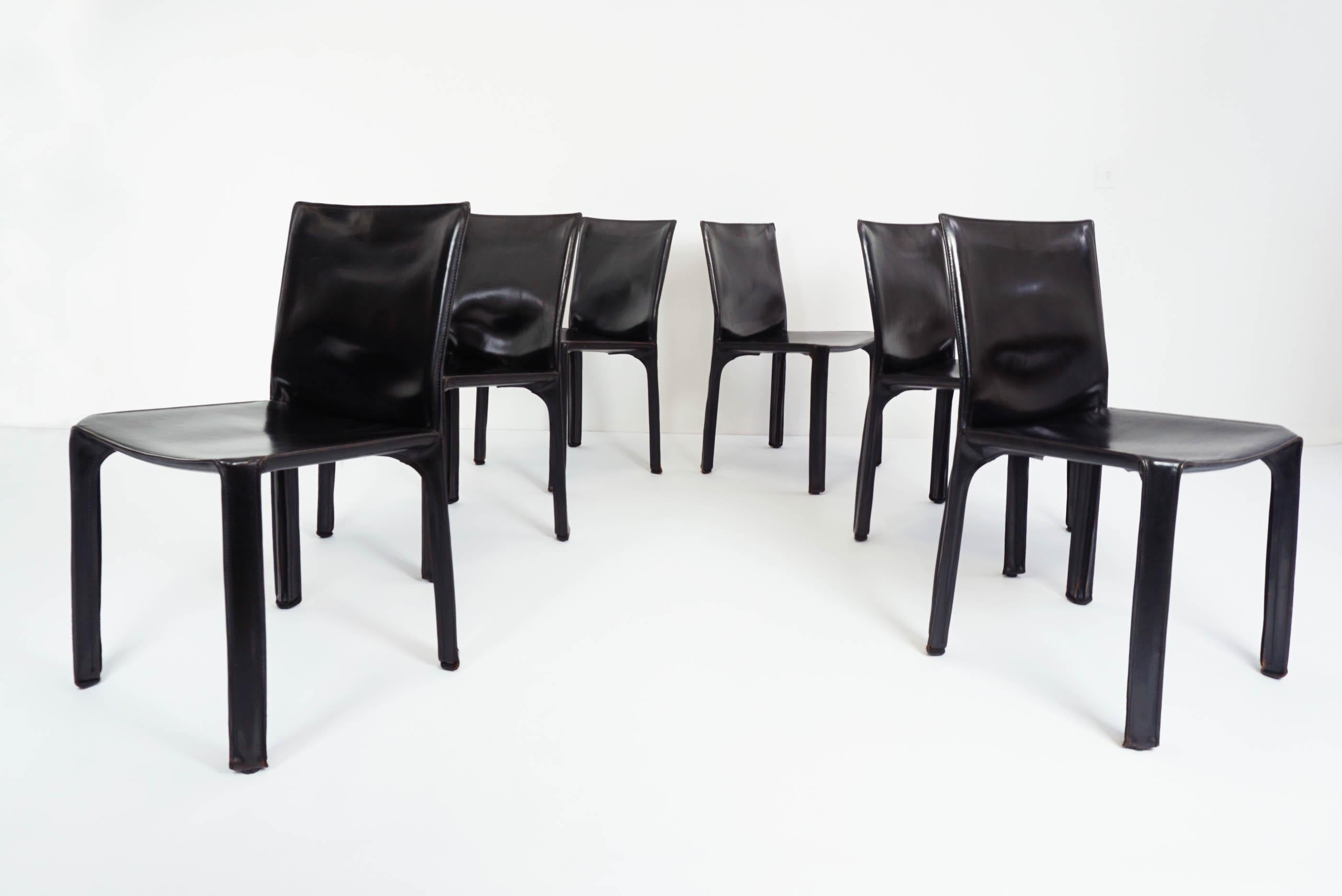 Beautiful set of 6 black patina leather chairs,
Italy, 1977.