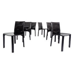 Black Patina Leather Mario Bellini Cassina Set of 6 Chairs Mod. CAB 412, Italy