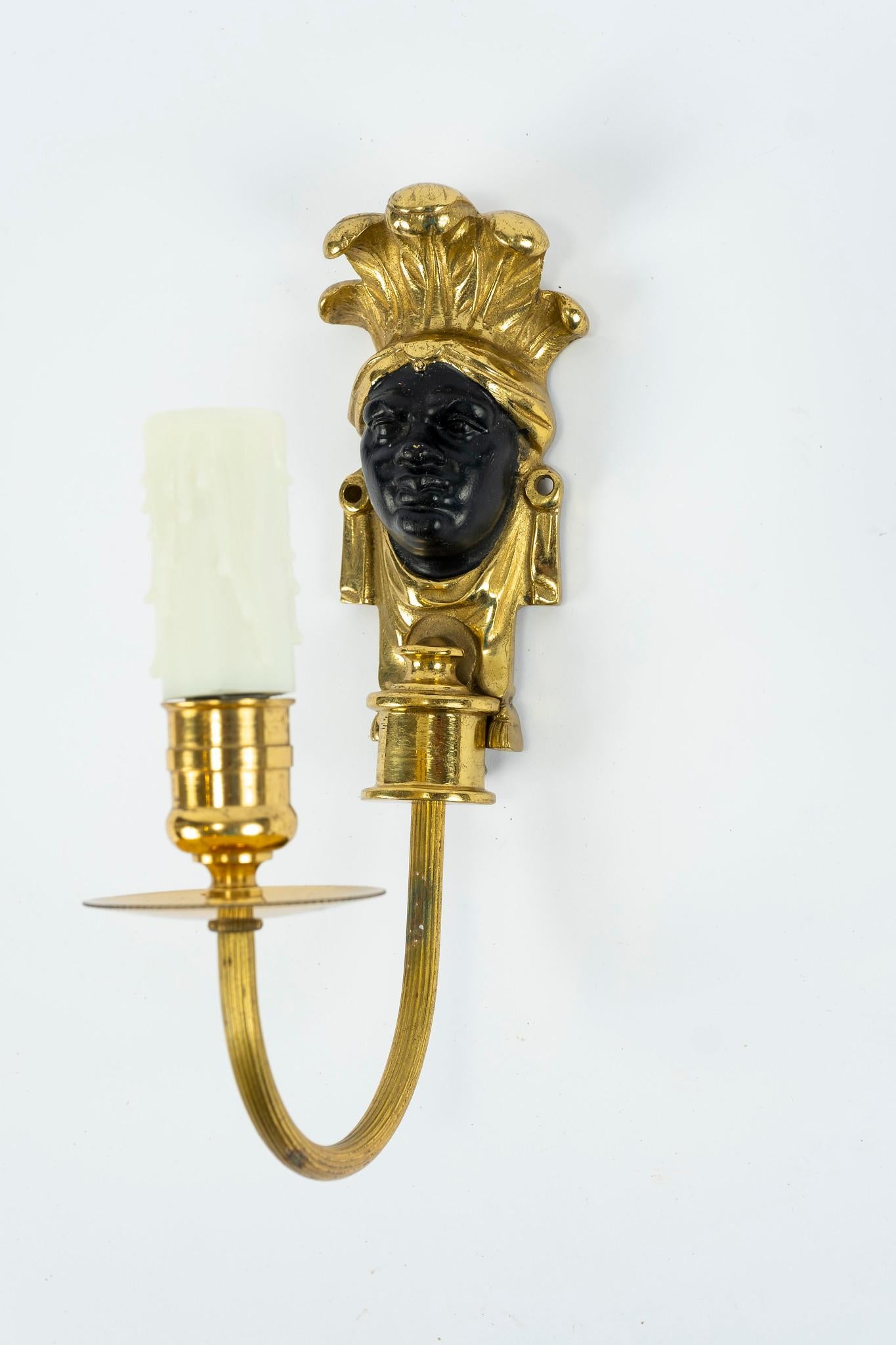 French Black Patinated and Bronze Face Sconces For Sale