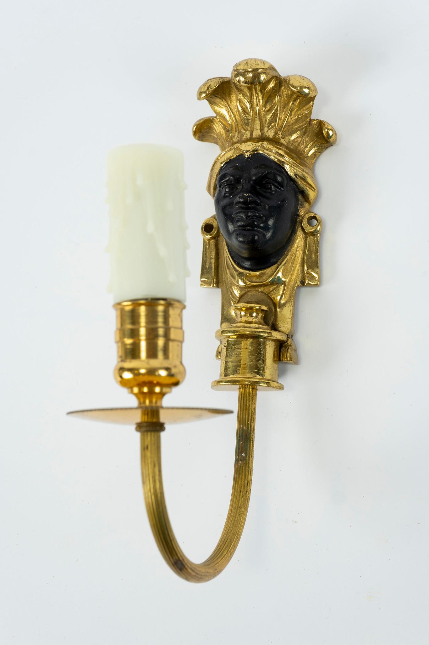 Black Patinated and Bronze Face Sconces In Good Condition For Sale In Houston, TX