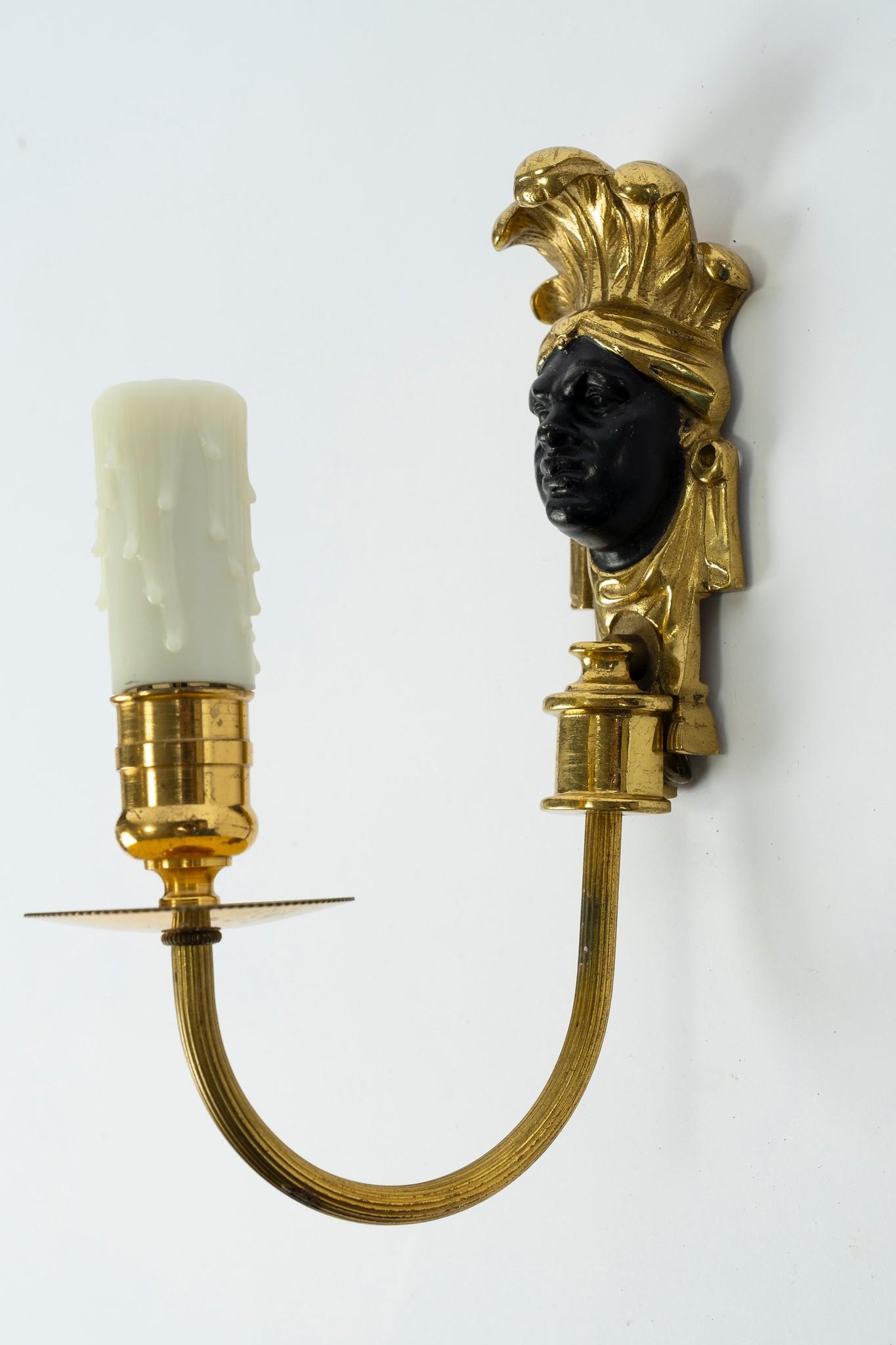 Brass Black Patinated and Bronze Face Sconces For Sale