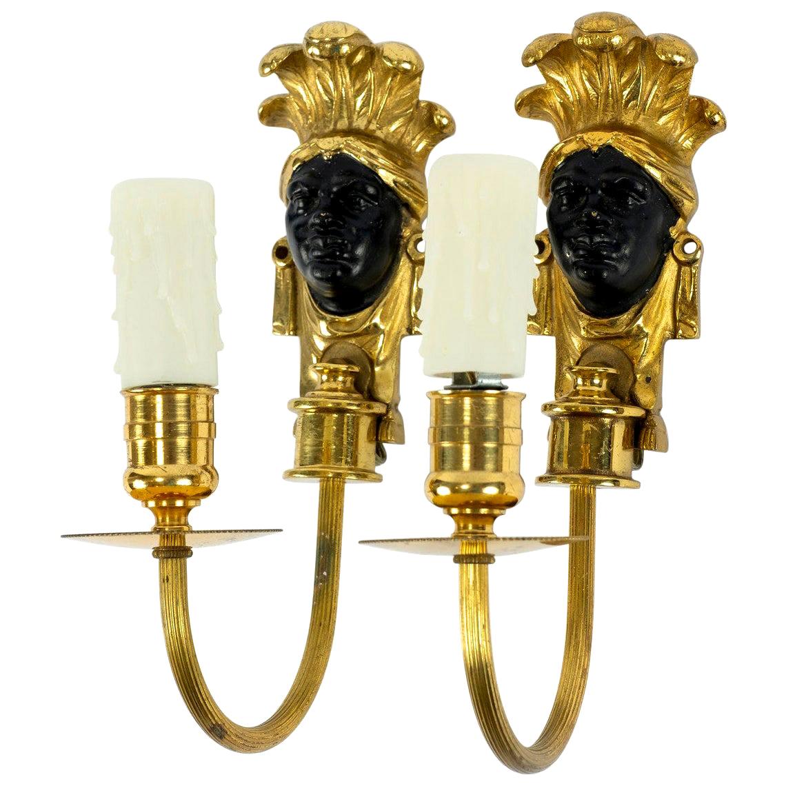 Black Patinated and Bronze Face Sconces For Sale