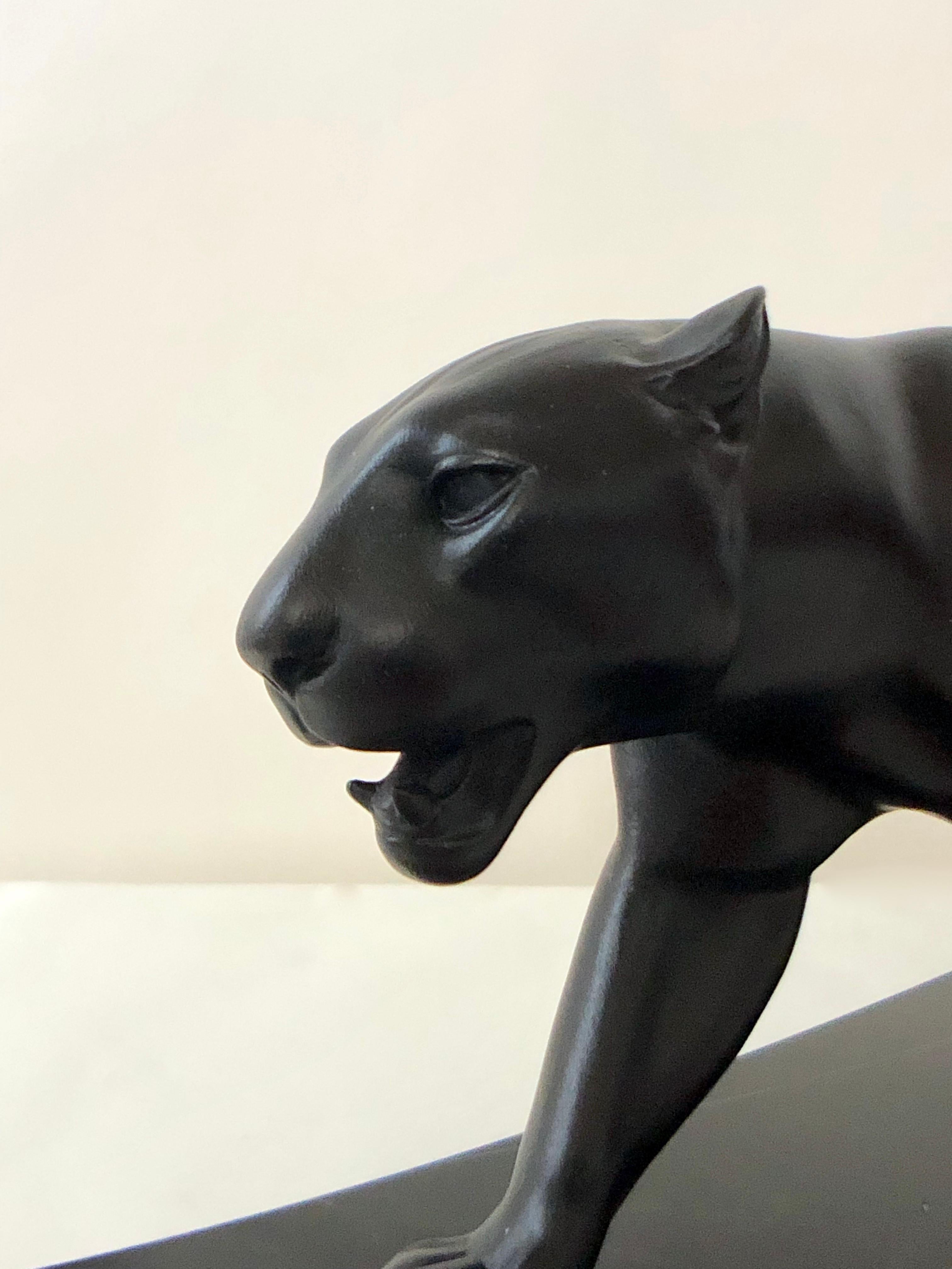 French Black Patinated Panther Sculpture Ouganda Original Max Le Verrier Spelter Marble