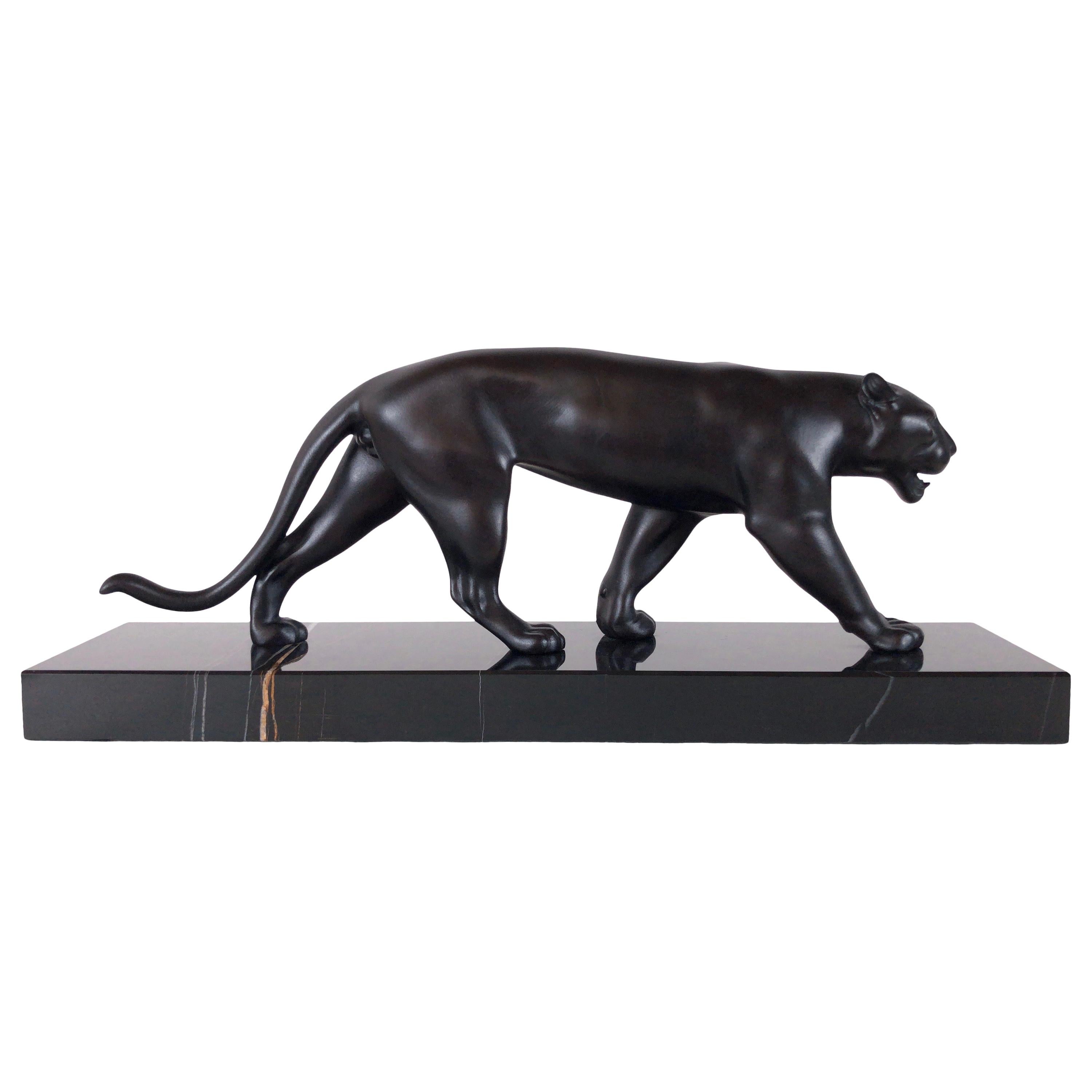 Black Patinated Panther Sculpture Ouganda Original Max Le Verrier Spelter Marble
