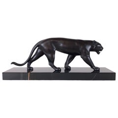 Black Patinated Panther Sculpture Ouganda Original Max Le Verrier Spelter Marble