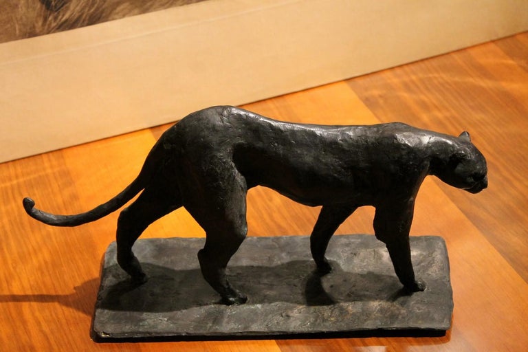 Cast Black Patinated Solid Bronze Contemporary Art Deco Inspired Leopard Sculpture For Sale