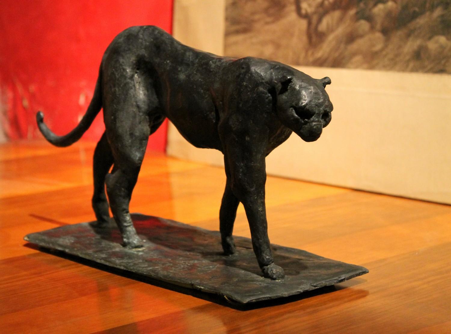 Burnished Black Patinated Solid Bronze Contemporary Art Deco Inspired Leopard Sculpture For Sale