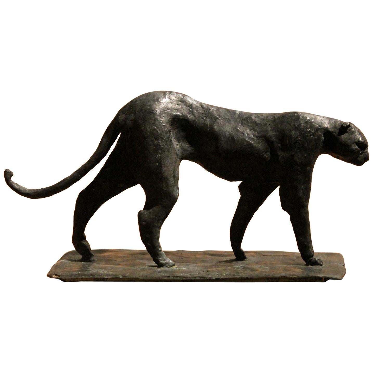Black Patinated Solid Bronze Contemporary Art Deco Inspired Leopard Sculpture For Sale
