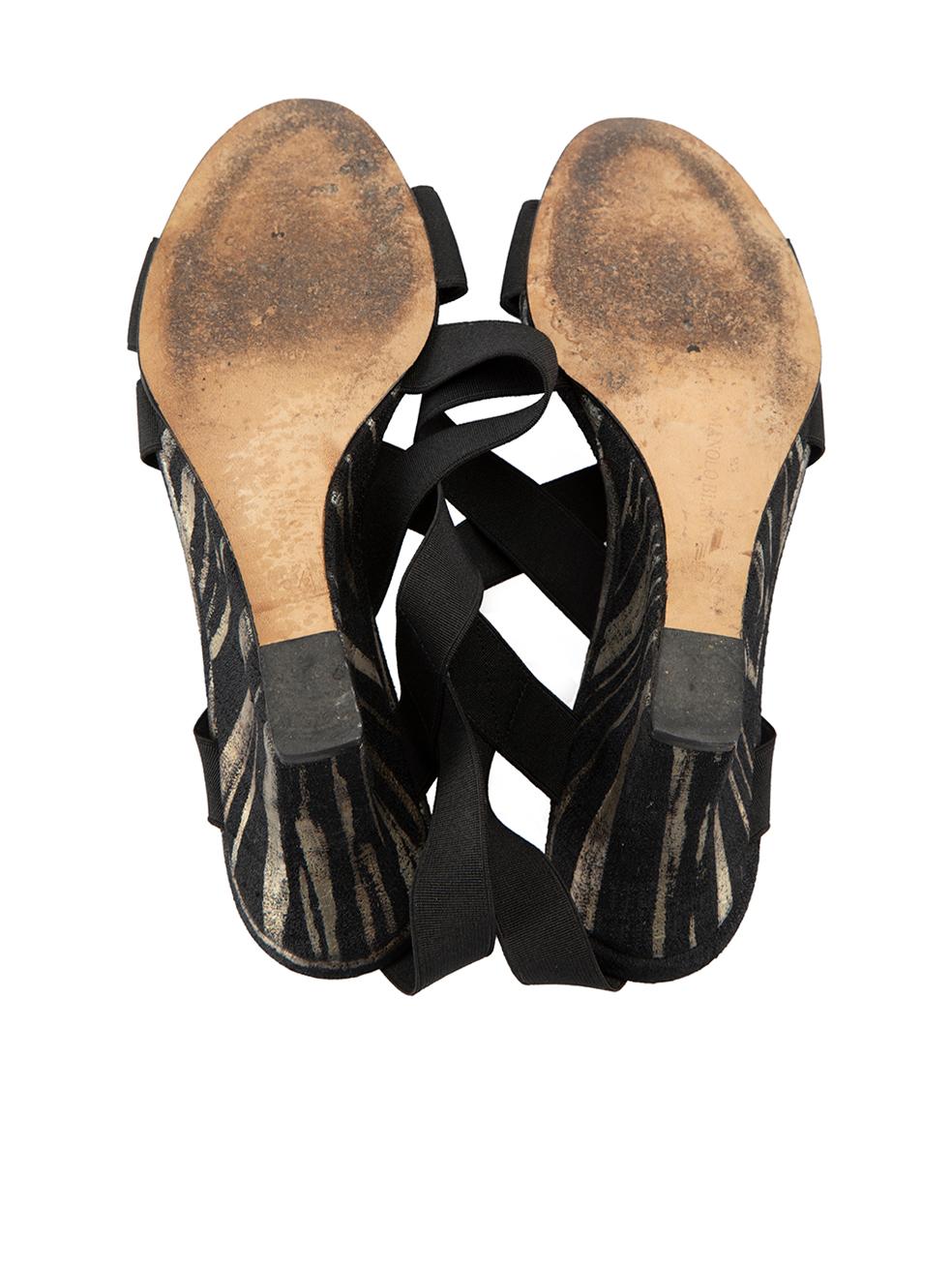 Women's Manolo Blahnik Black Patterned Strap Wedge Sandals Size IT 35.5 For Sale