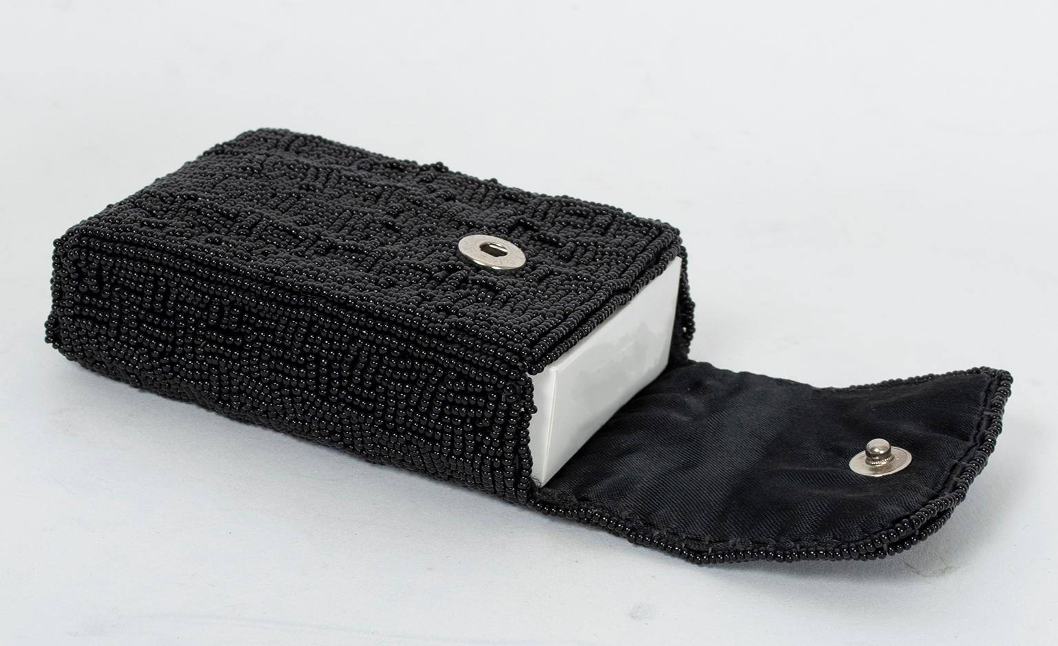Black Pavé Basketweave Beaded Cigarette or Business Card Case – Hong Kong, 1960s In Excellent Condition For Sale In Tucson, AZ