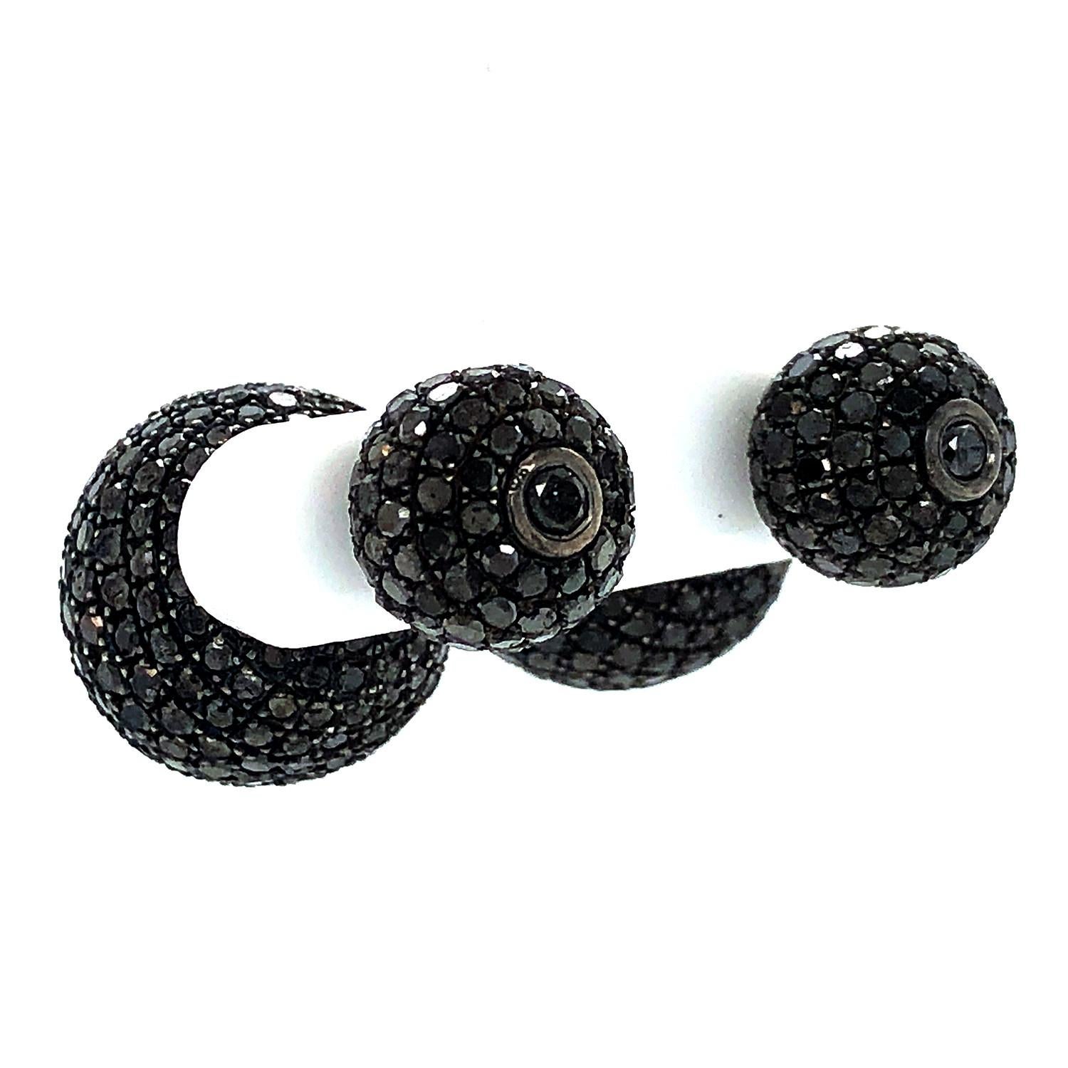 Art Deco Black Pave Diamond Ball Earrings Made In 18k Gold & Silver For Sale