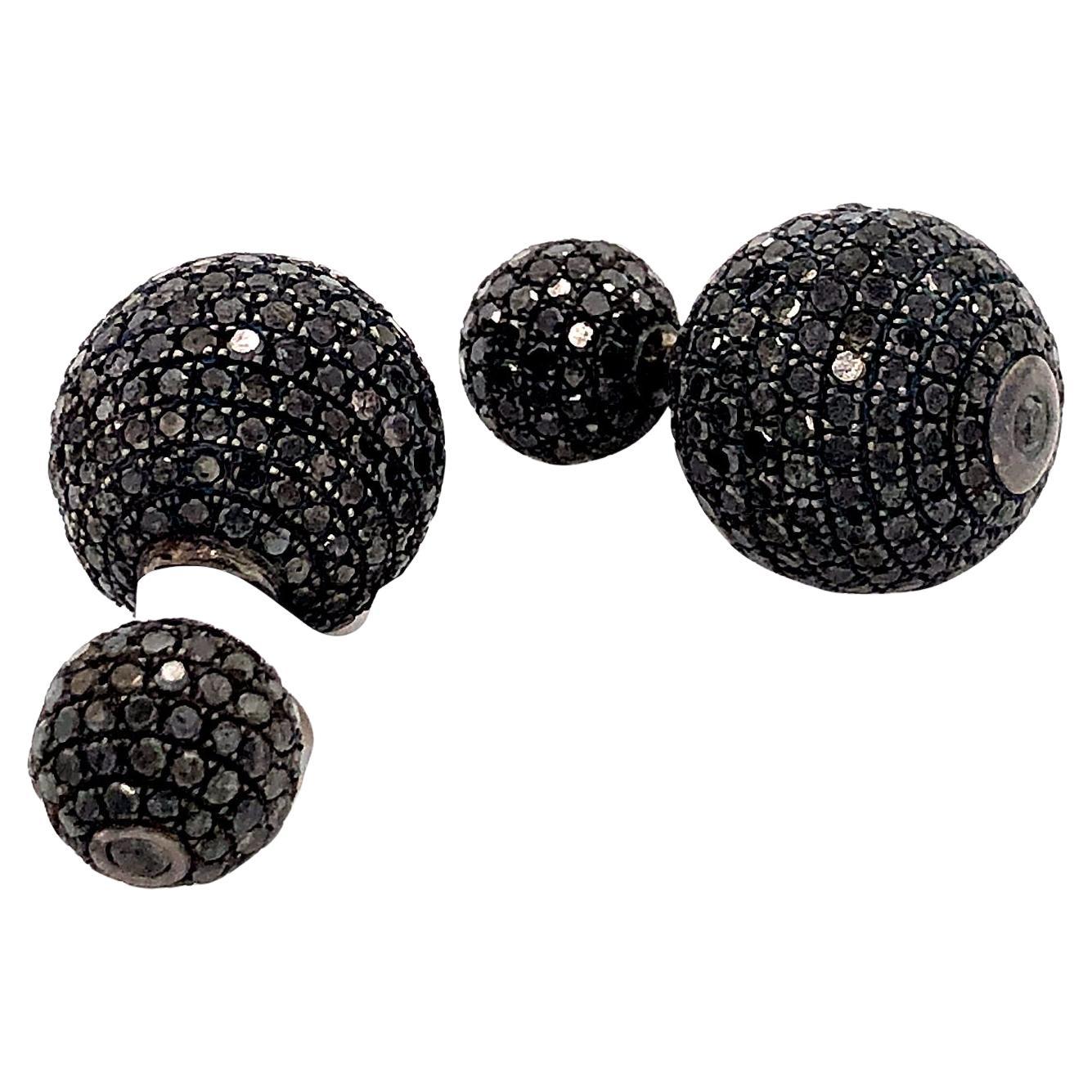 Black Pave Diamond Ball Earrings Made In 18k Gold & Silver For Sale