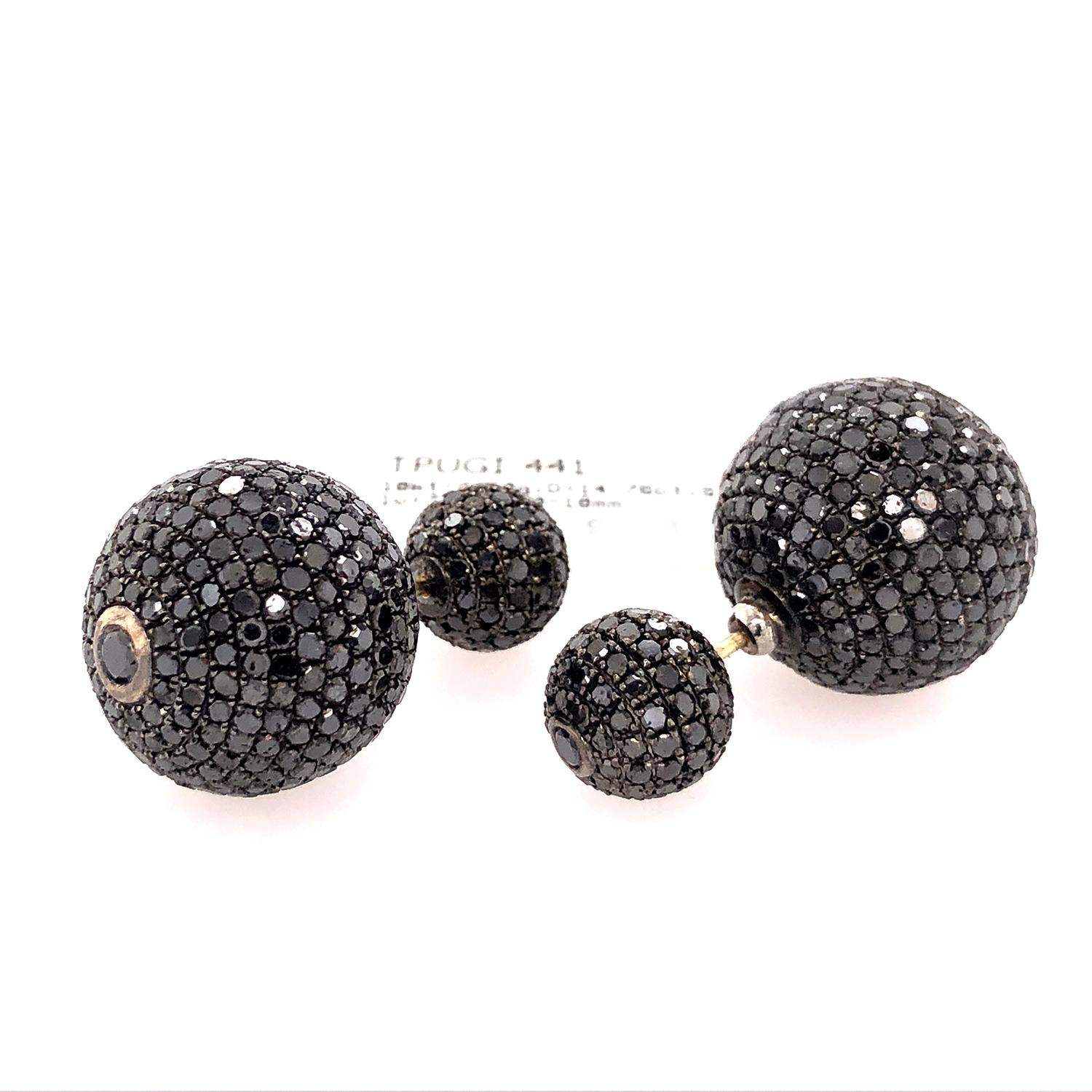 Art Nouveau Black Pave Diamond Ball Tunnel Earrings Made in 18k Gold & Silver For Sale