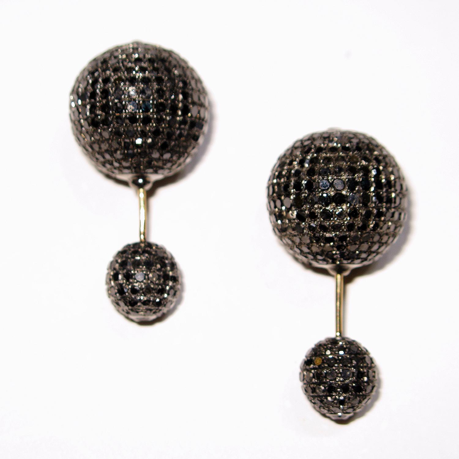 Mixed Cut Black Pave Diamond Ball Tunnel Earrings Made in 18k Gold & Silver For Sale