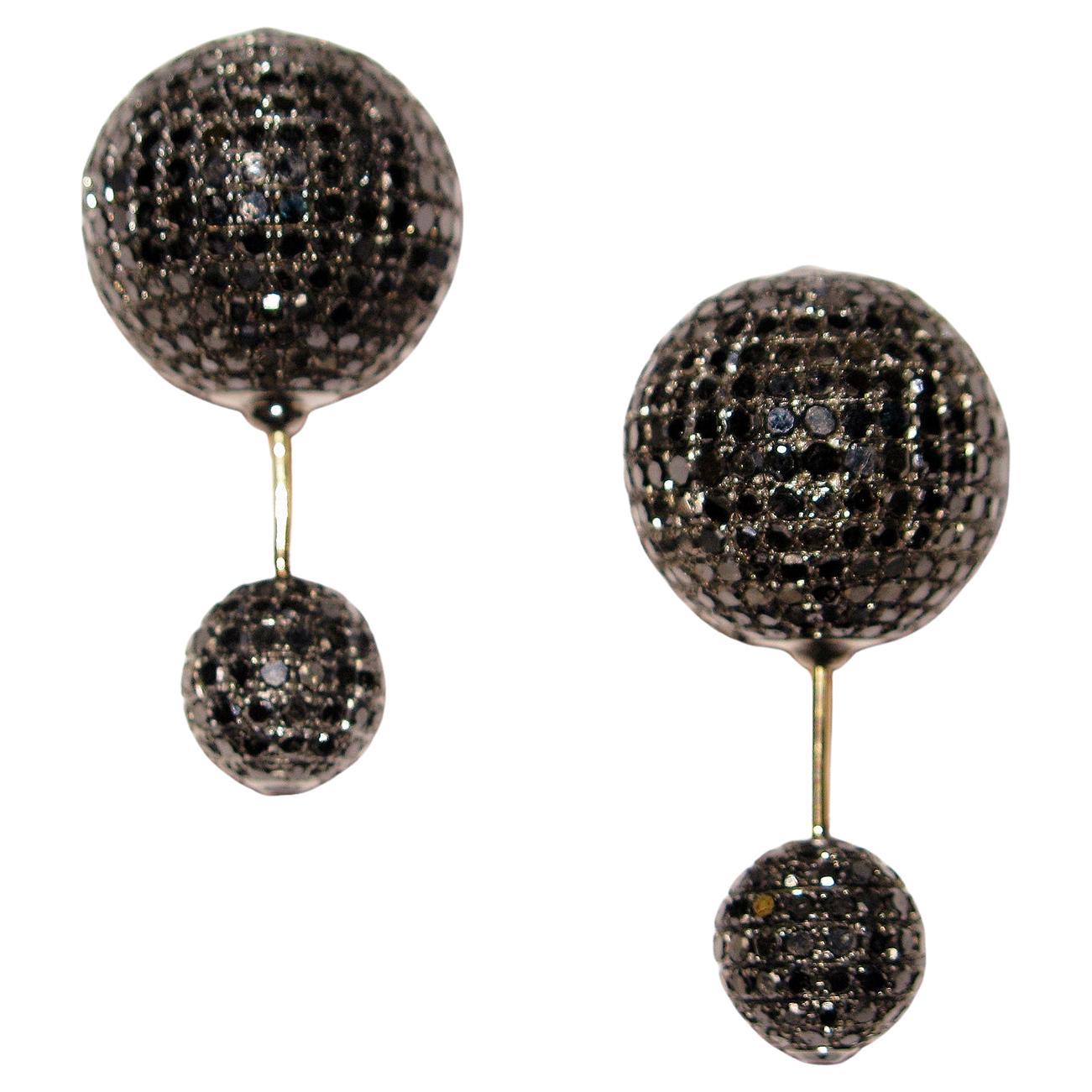 Black Pave Diamond Ball Tunnel Earrings Made in 18k Gold & Silver For Sale