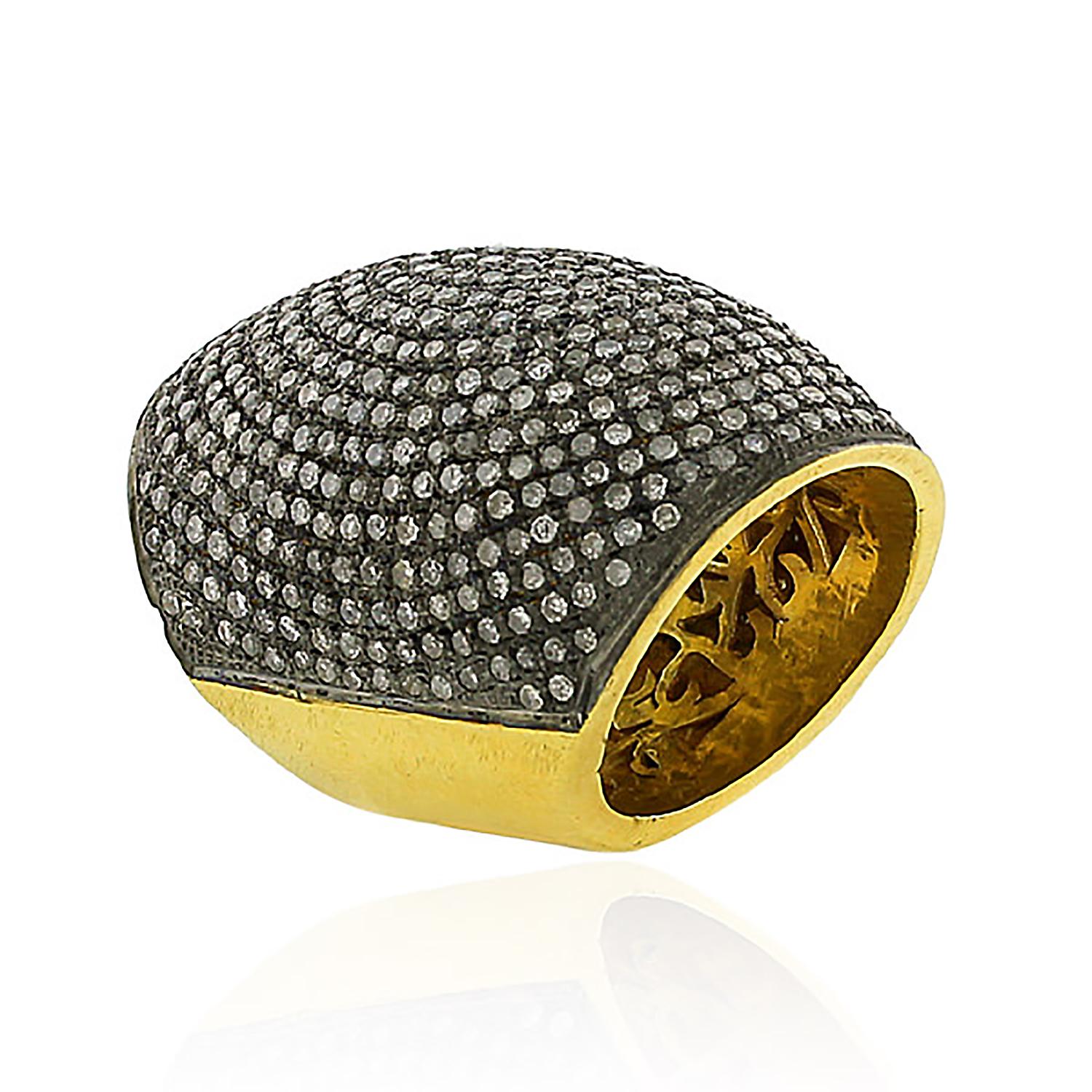 Schwarzer Pave Diamond Cocktail Dome Ring aus 14k Gelbgold & Silber (Art nouveau) im Angebot
