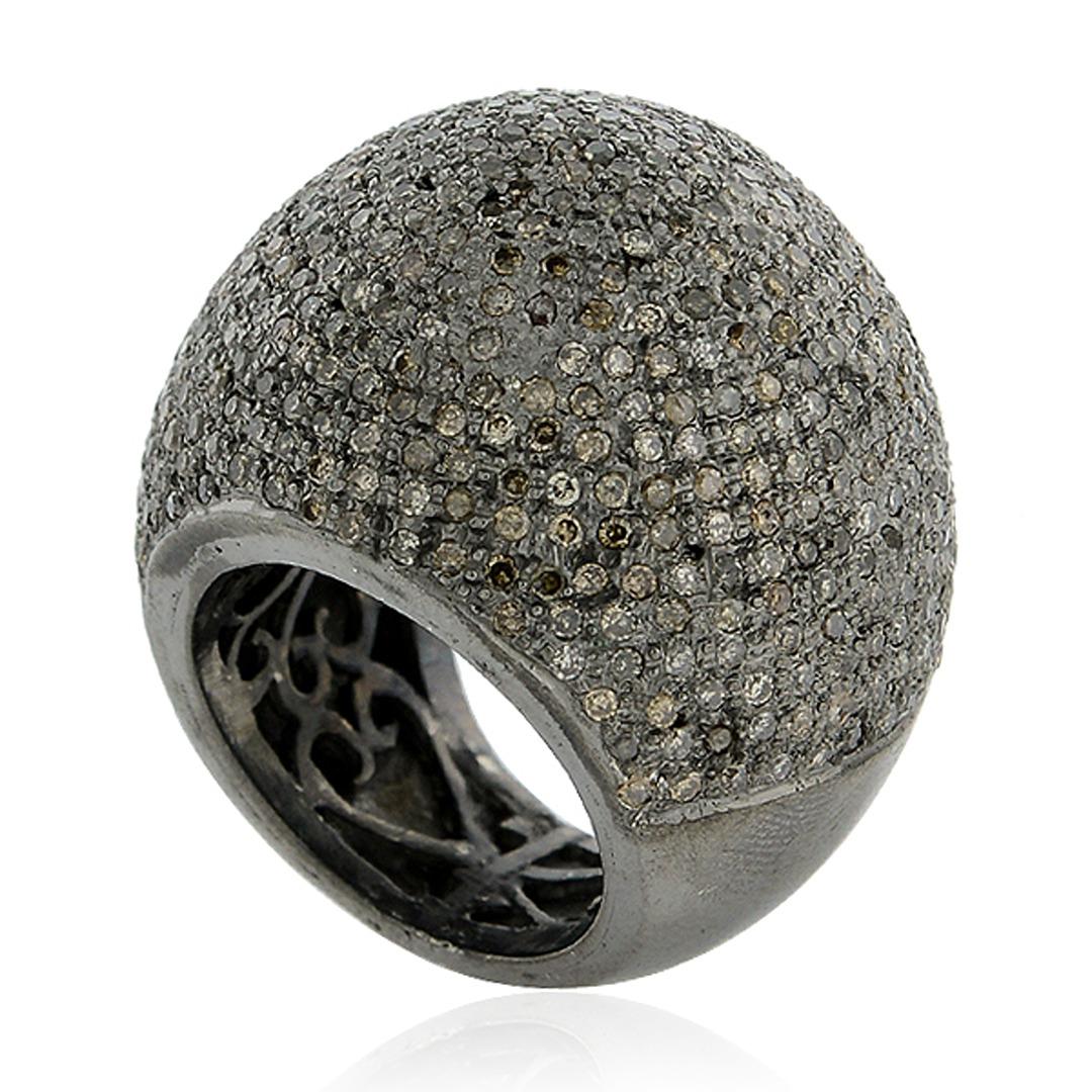 Mixed Cut Black Pave Diamond Dome Ring Made In Silver For Sale
