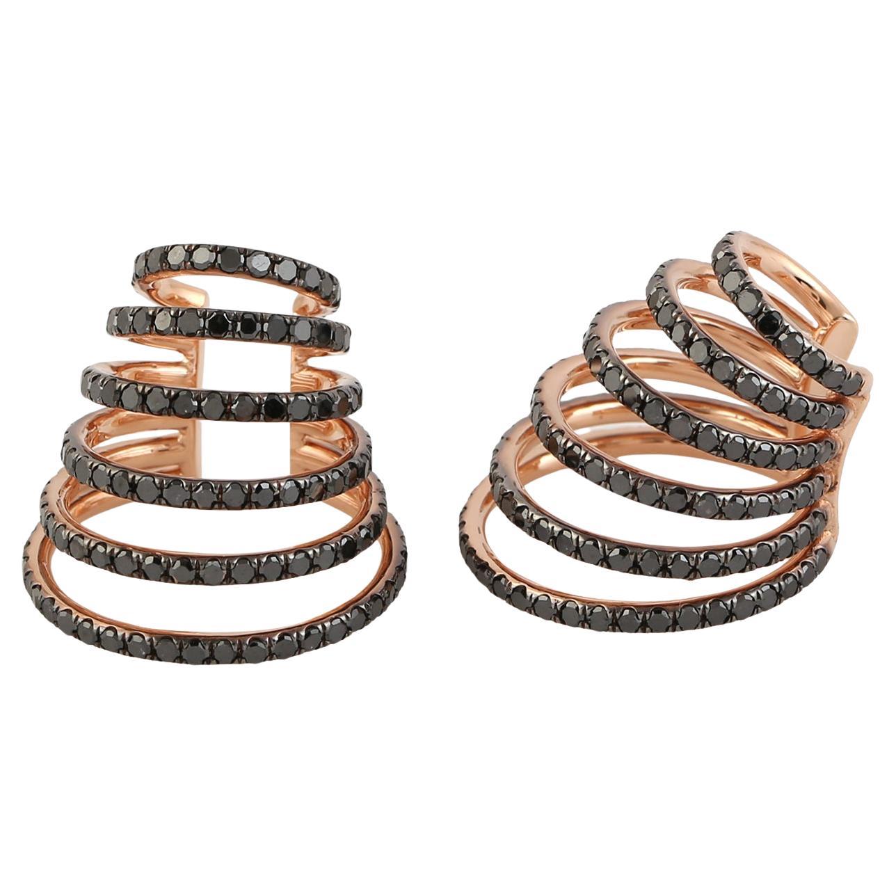 Black Pave Diamond Spiral Earrings Made In 14K Rose Gold For Sale