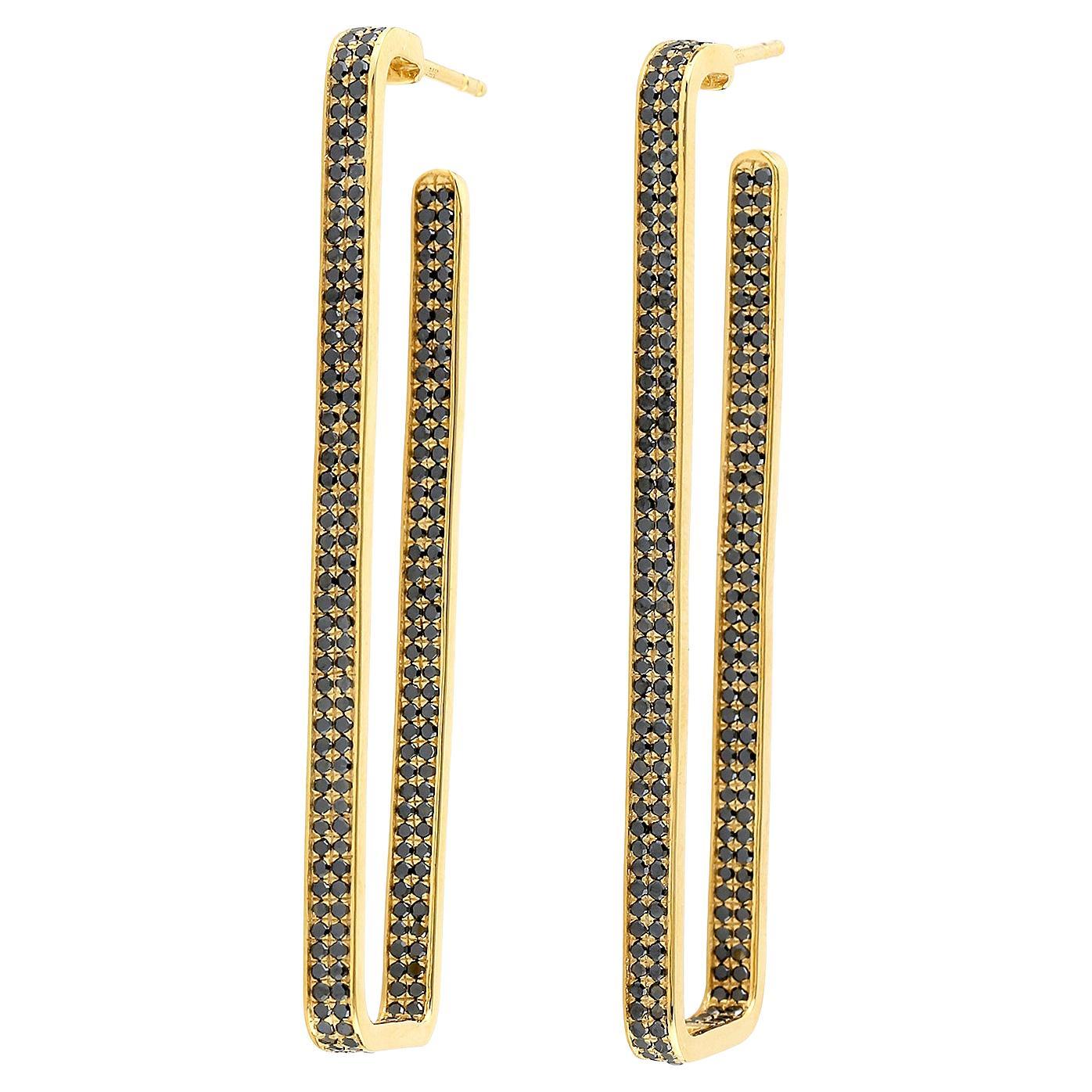Black Pave Diamond Studded Long Dangle Earrings Made In 14k Yellow Gold For Sale