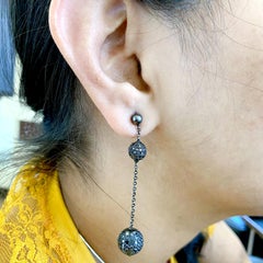 Black Pave Diamonds Ball Earrings with Chain