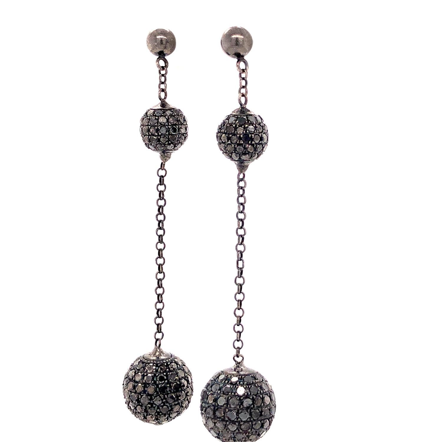Mixed Cut Black Pave Diamonds Ball Earrings with Chain For Sale