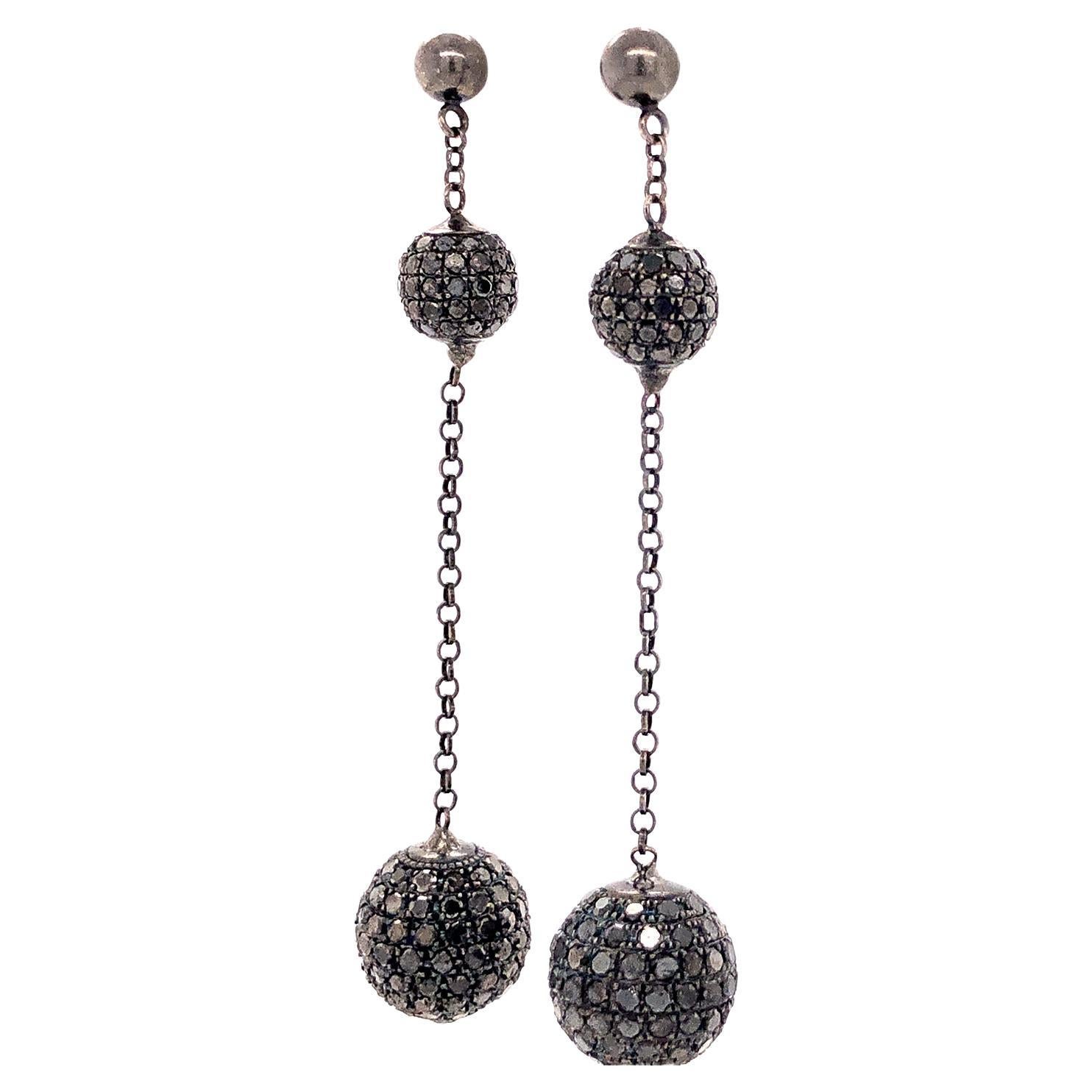 Black Pave Diamonds Ball Earrings with Chain For Sale