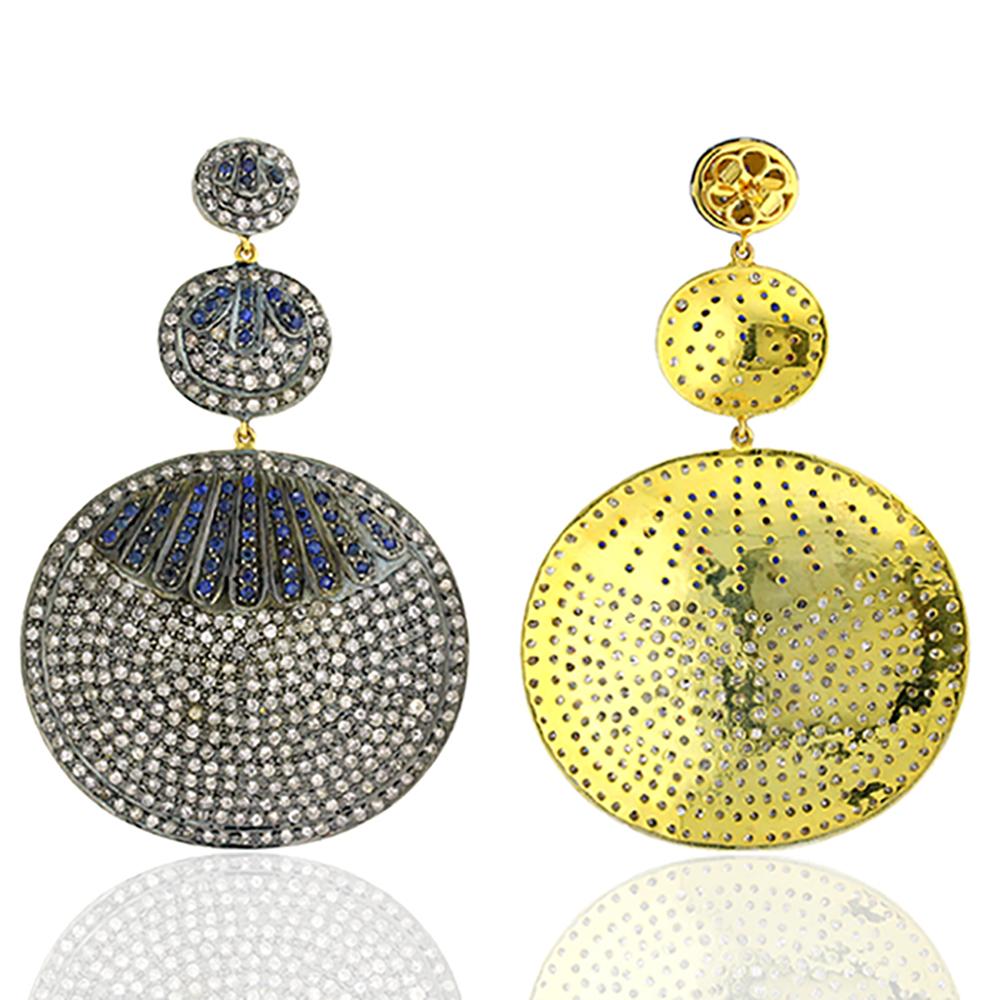 Artisan Triple Tier Pave Diamonds Earrings with Sapphires Made in 14k Gold & Silver For Sale