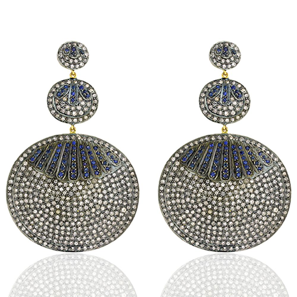 Round Cut Triple Tier Pave Diamonds Earrings with Sapphires Made in 14k Gold & Silver For Sale
