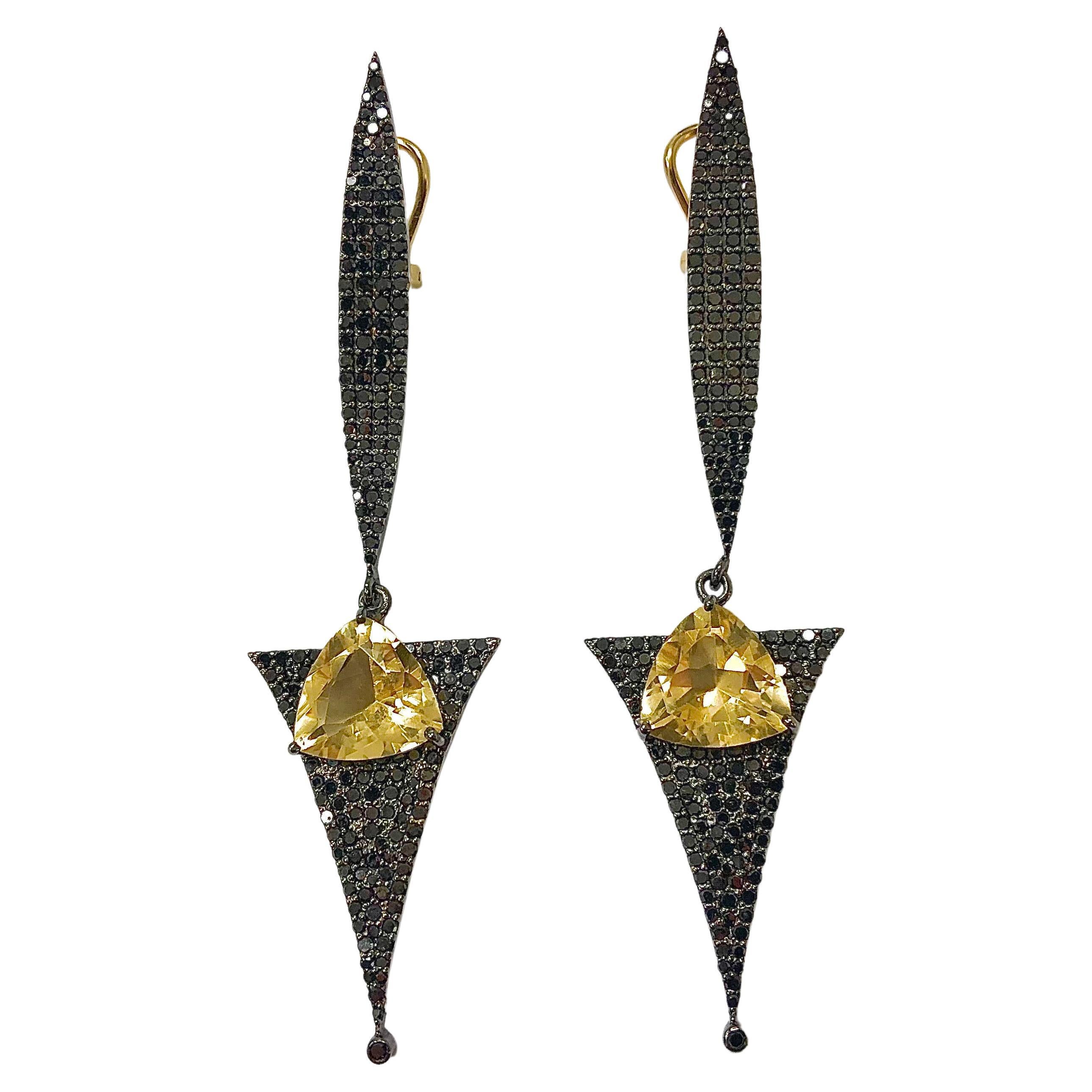 Black Pave Diamonds with Citrine Earrings For Sale