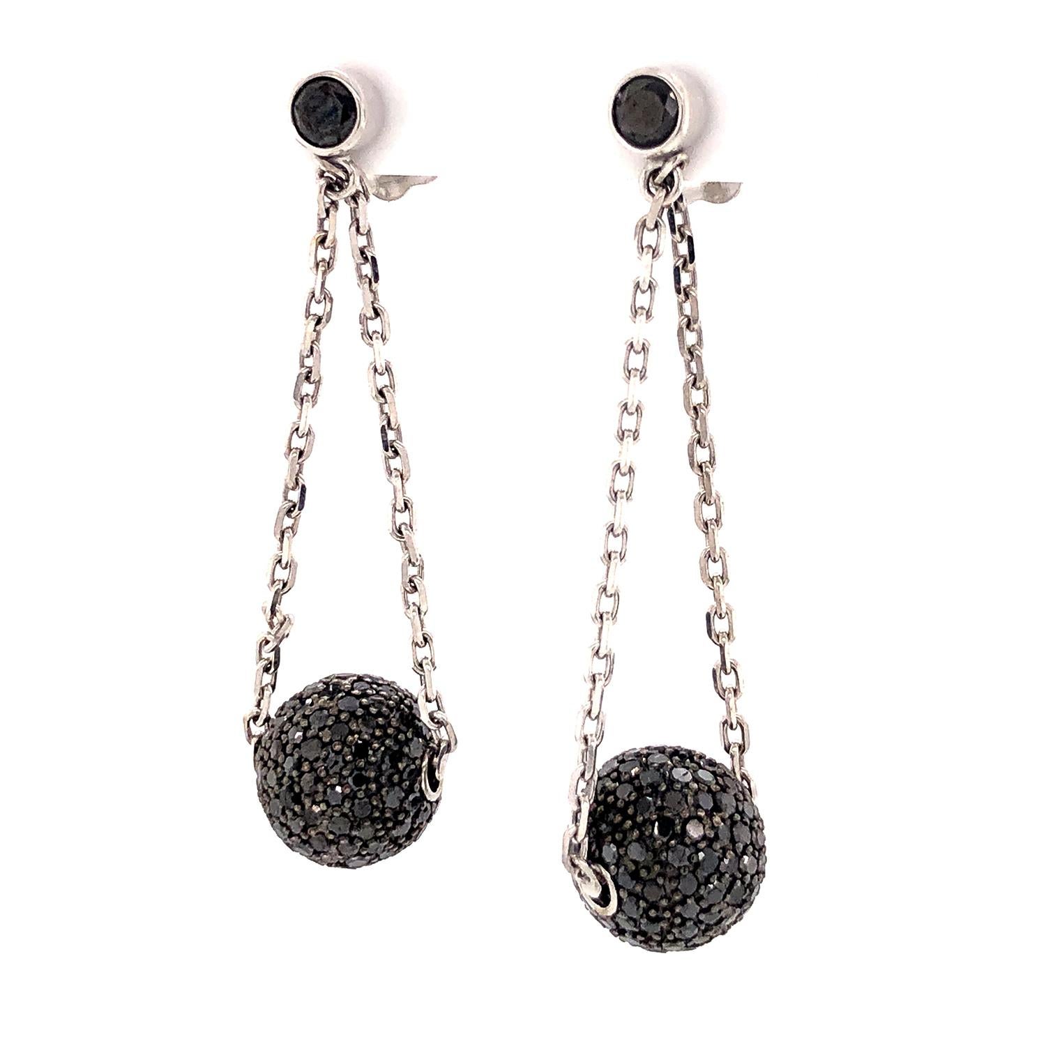 Mixed Cut Black Pave Diamong Ball Dangle Earrings Made In 18k Gold For Sale