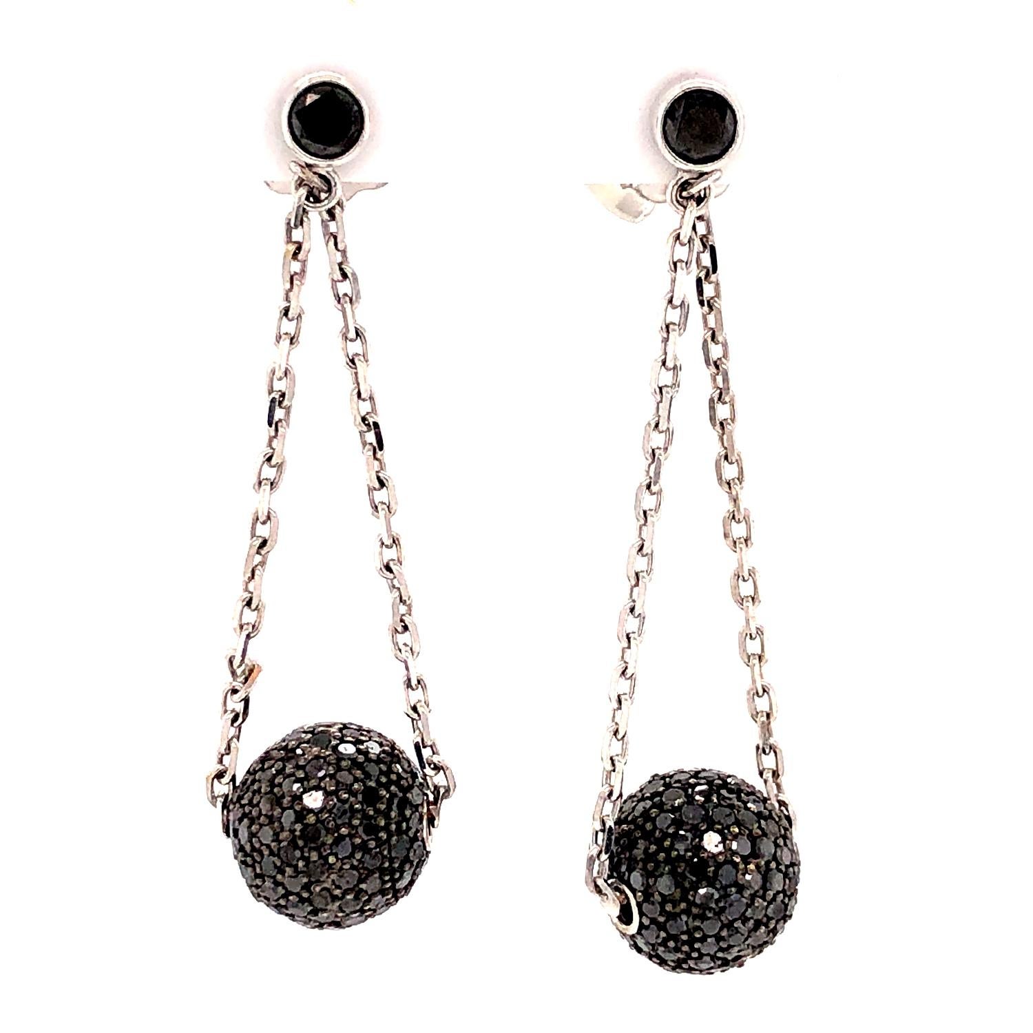 Black Pave Diamong Ball Dangle Earrings Made In 18k Gold In New Condition For Sale In New York, NY