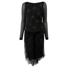 Schwarzes langärmeliges Kleid mit Pfauenmuster Größe L