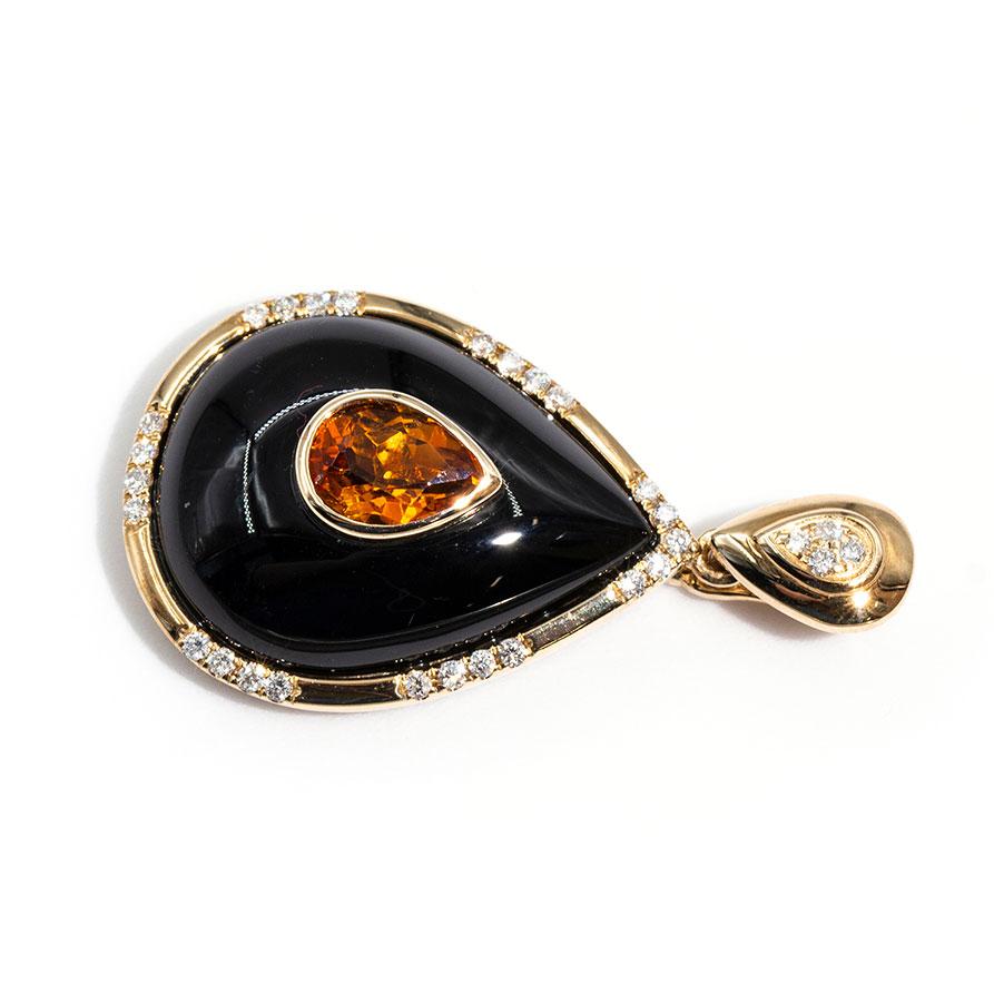 Black Pear Onyx and Citrine Diamond Vintage 9 Carat Yellow Gold Enhancer Pendant In Good Condition In Hamilton, AU