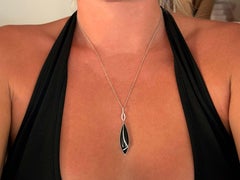 Black Pear Shaped Agate Diamond Necklace 14k White Gold