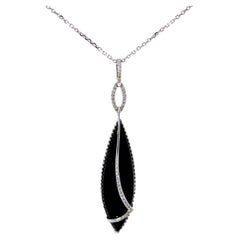 Black Pear Shaped Agate Diamond Necklace 14k White Gold