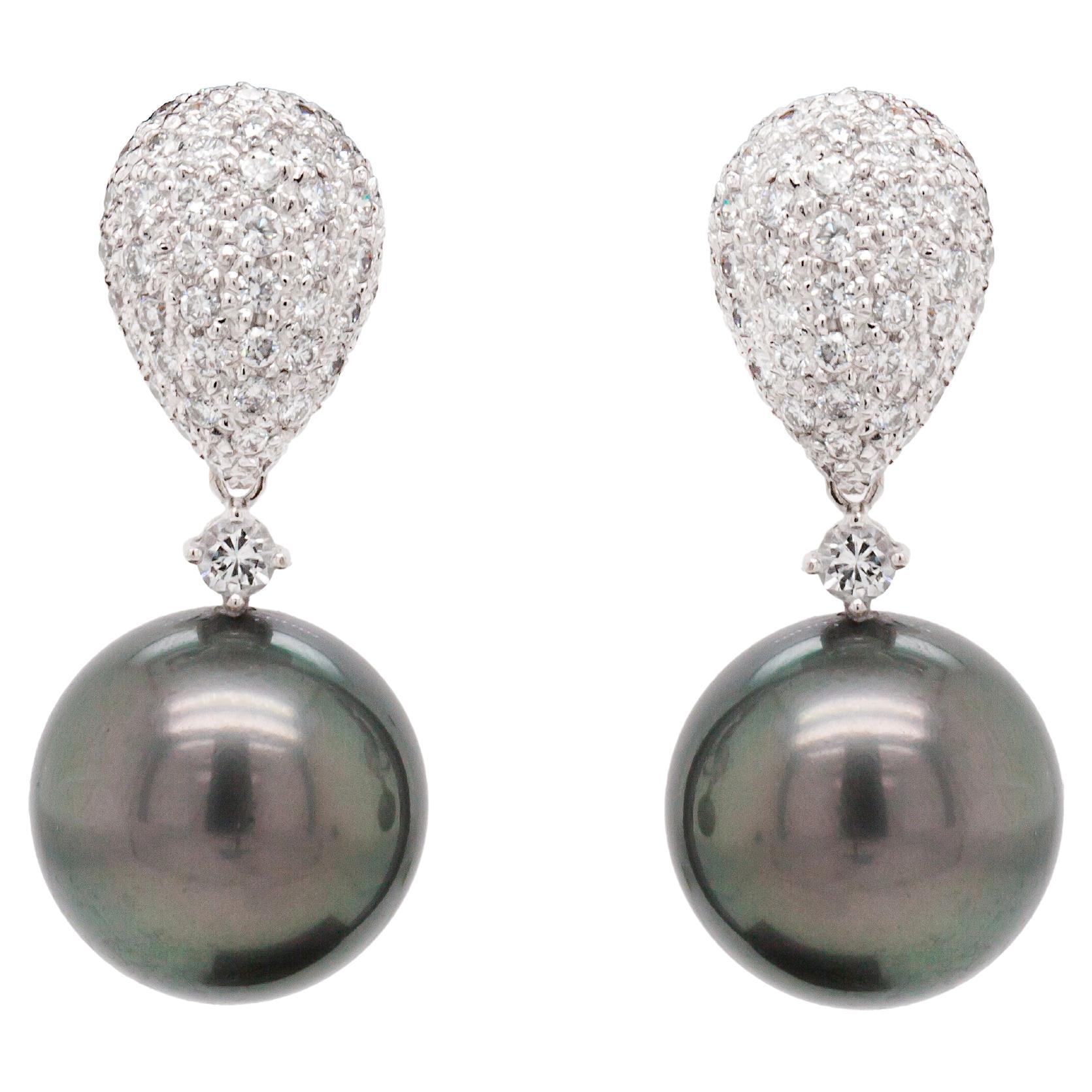 Black Pearl and Diamond 18 Carat White Gold Detachable Drop Earrings