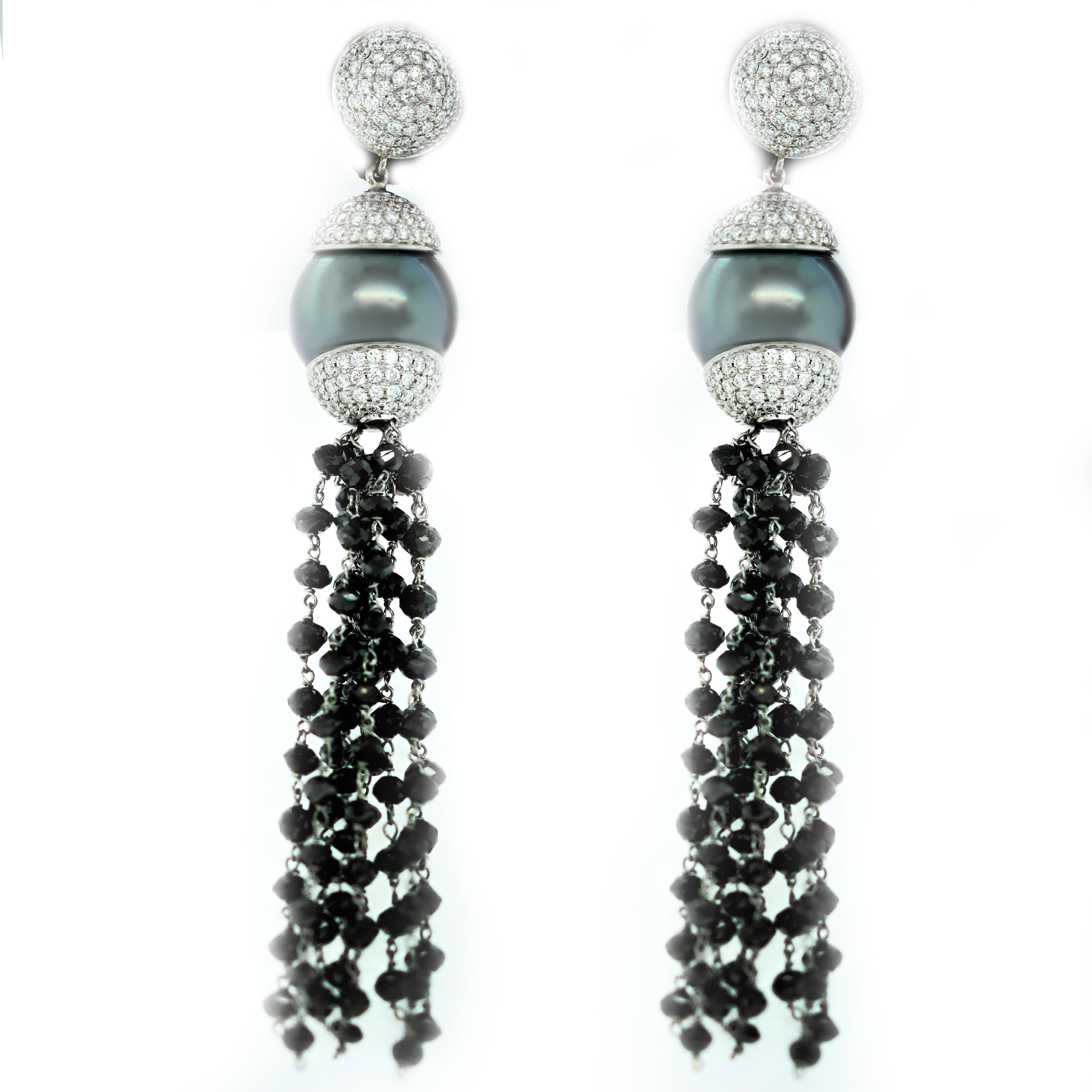 Black Pearl and Diamond Chandelier Fashion Earrings 4.50cts. White Diamonds and 28.00cts Black Diamonds
