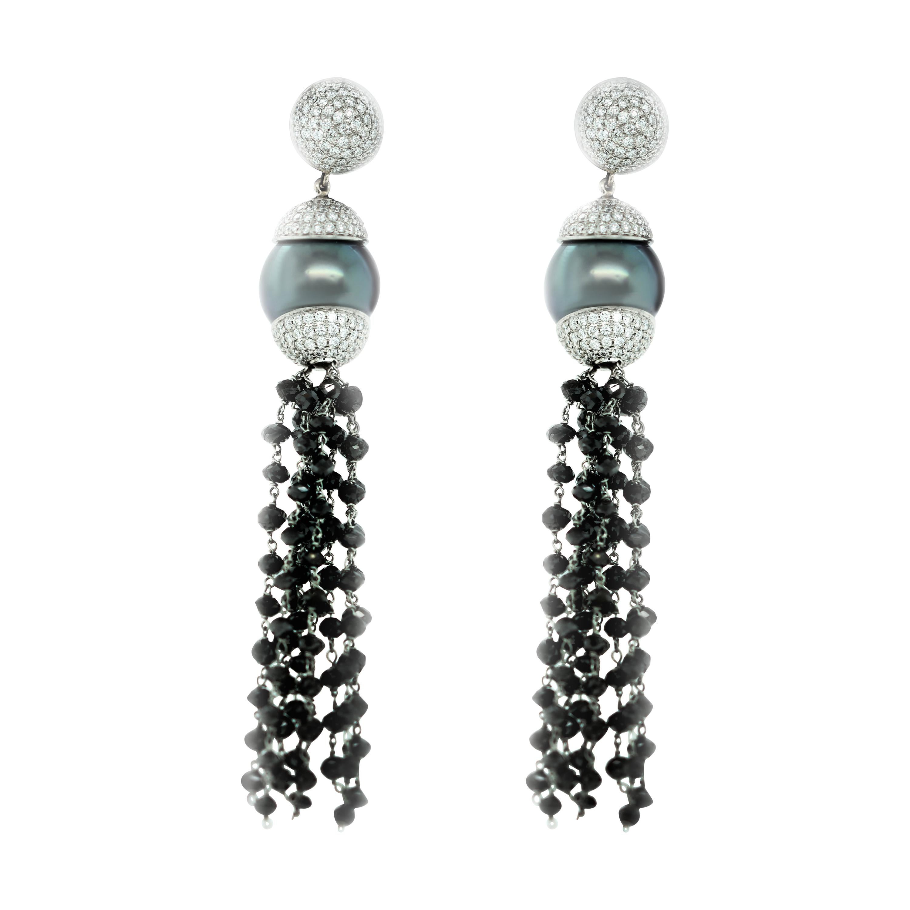 Black Pearl and Diamond Chandelier Fashion Earrings with 4.50 Cts White Diamonds For Sale