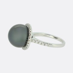 Black Pearl and Diamond Cluster Ring