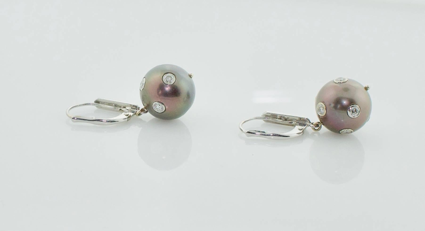 Round Cut Black Pearl and Diamond Dangling Earrings in White Gold