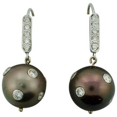 Vintage Black Pearl and Diamond Dangling Earrings in White Gold