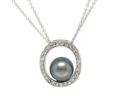 Black Pearl and Diamond Halo Pendant Necklace in 14K White Gold
