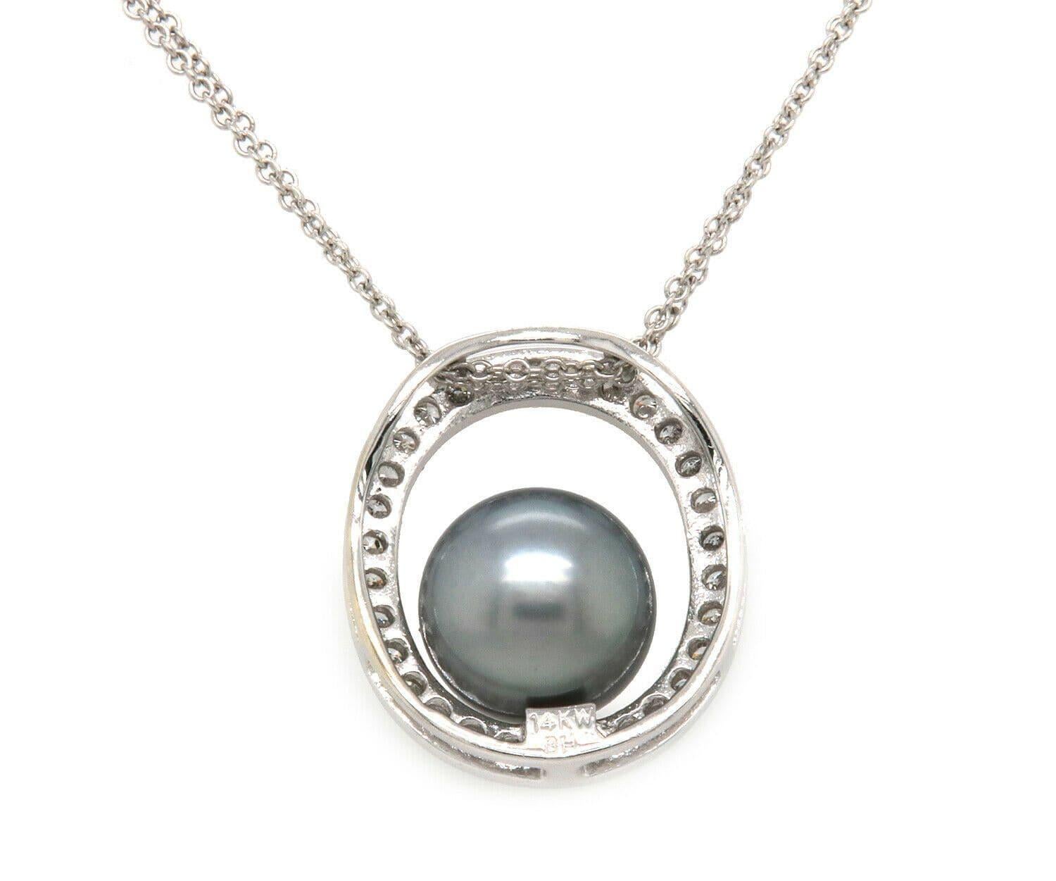 Round Cut Black Pearl and Diamond Halo Pendant Necklace in 14K White Gold For Sale