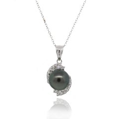 Black Pearl and Diamond Pendant Chain Necklace