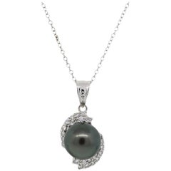Black Pearl and Diamond Pendant Chain Necklace